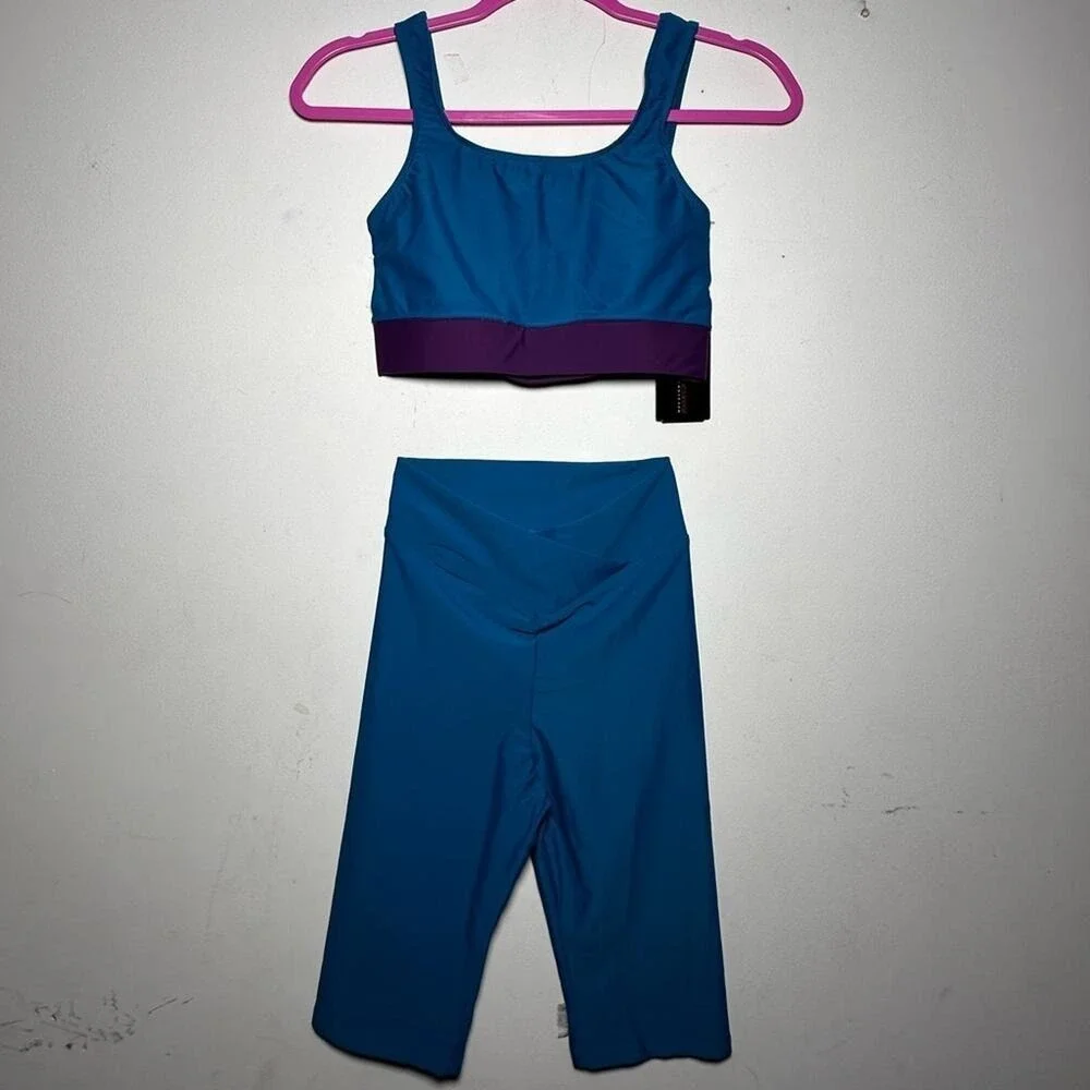 AXS Theatricals Teal Eggplant DANCE SET Biker Shorts Crop Top Dancewear NWT
